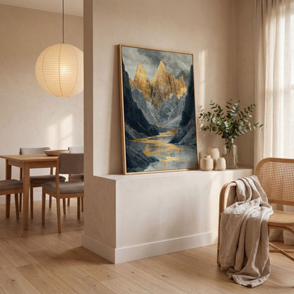 Gray and Gold Mountain Peaks Canvas in white oak floating frame