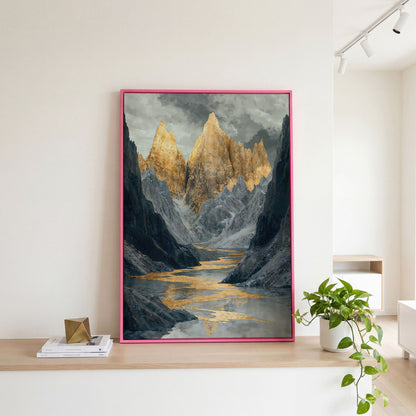Gray and Gold Mountain Peaks Canvas in pink floating frame