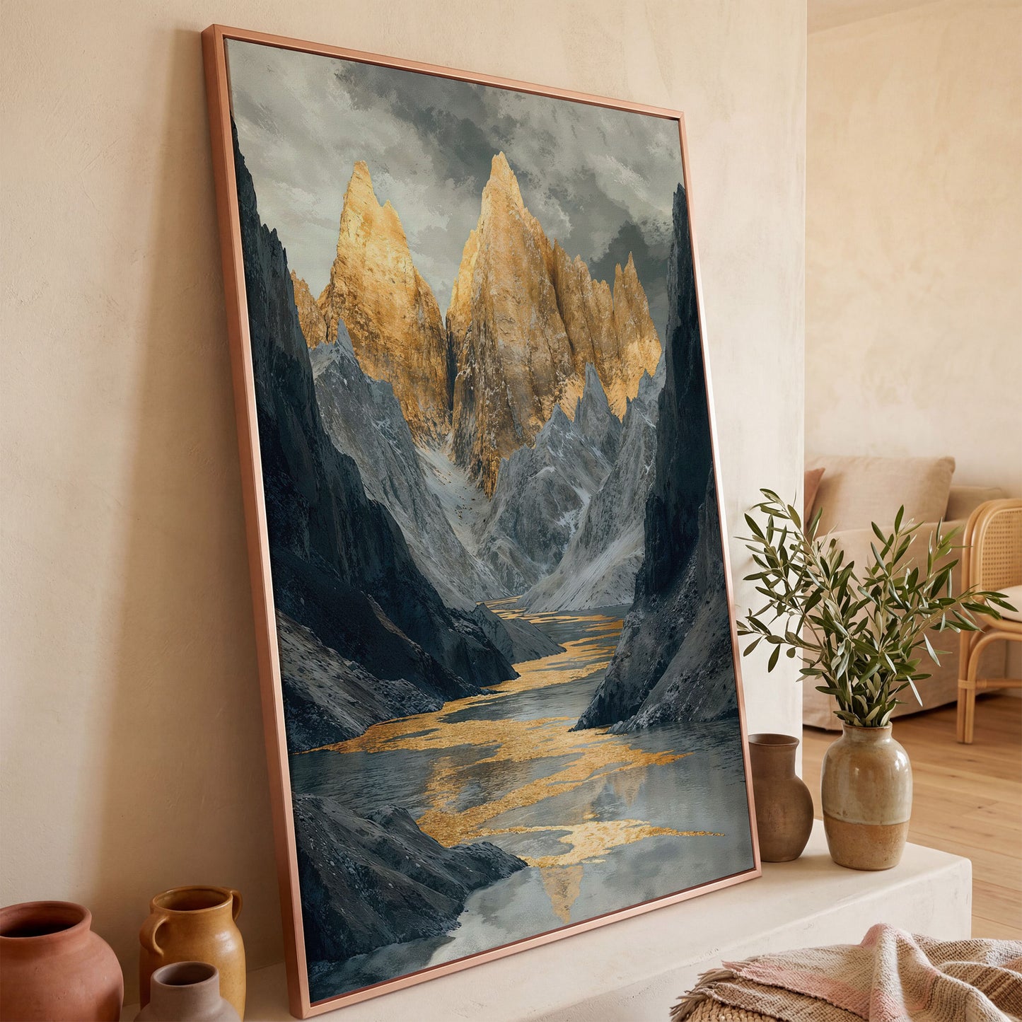 Gray and Gold Mountain Peaks Canvas in rose gold floating frame