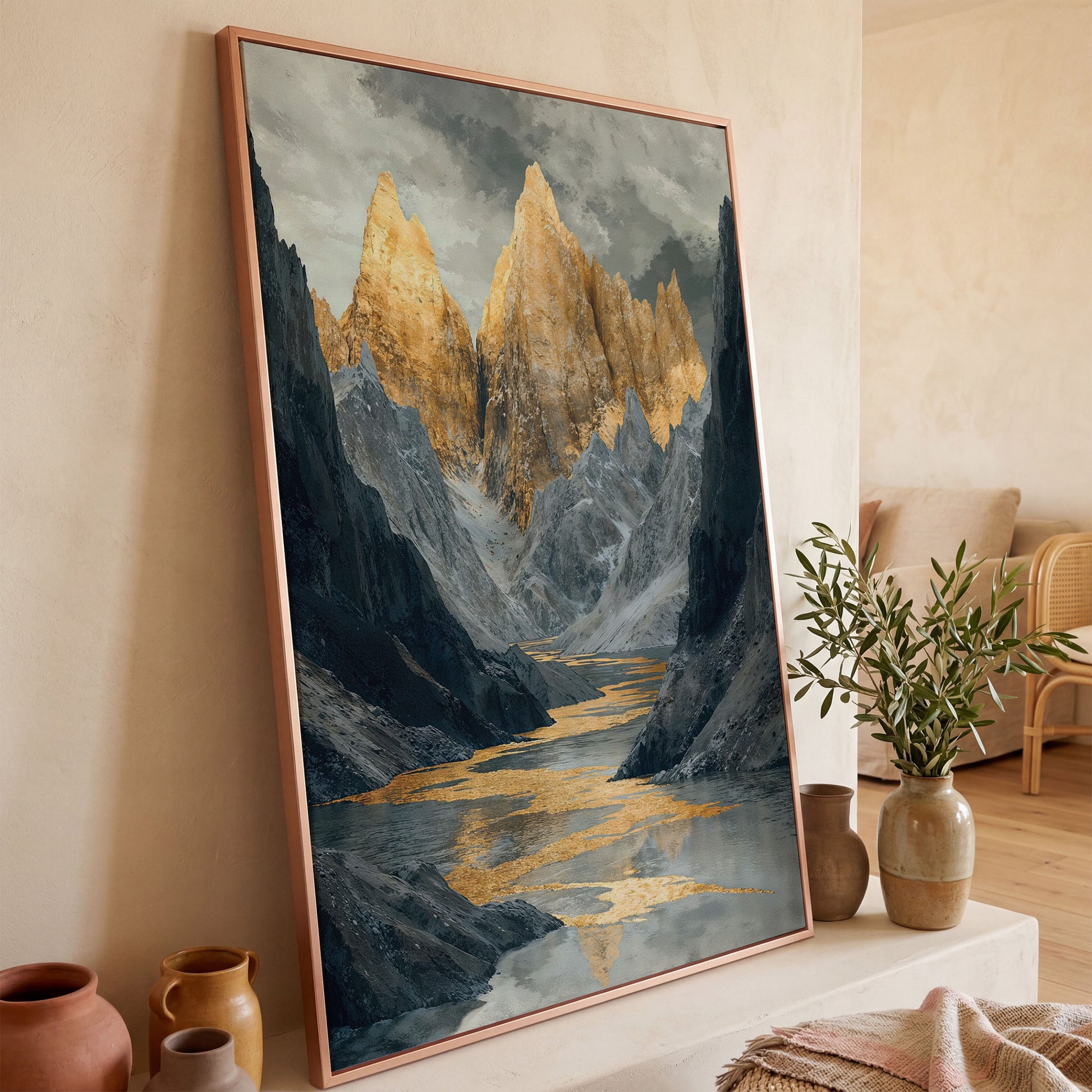 Gray and Gold Mountain Peaks Canvas in rose gold floating frame