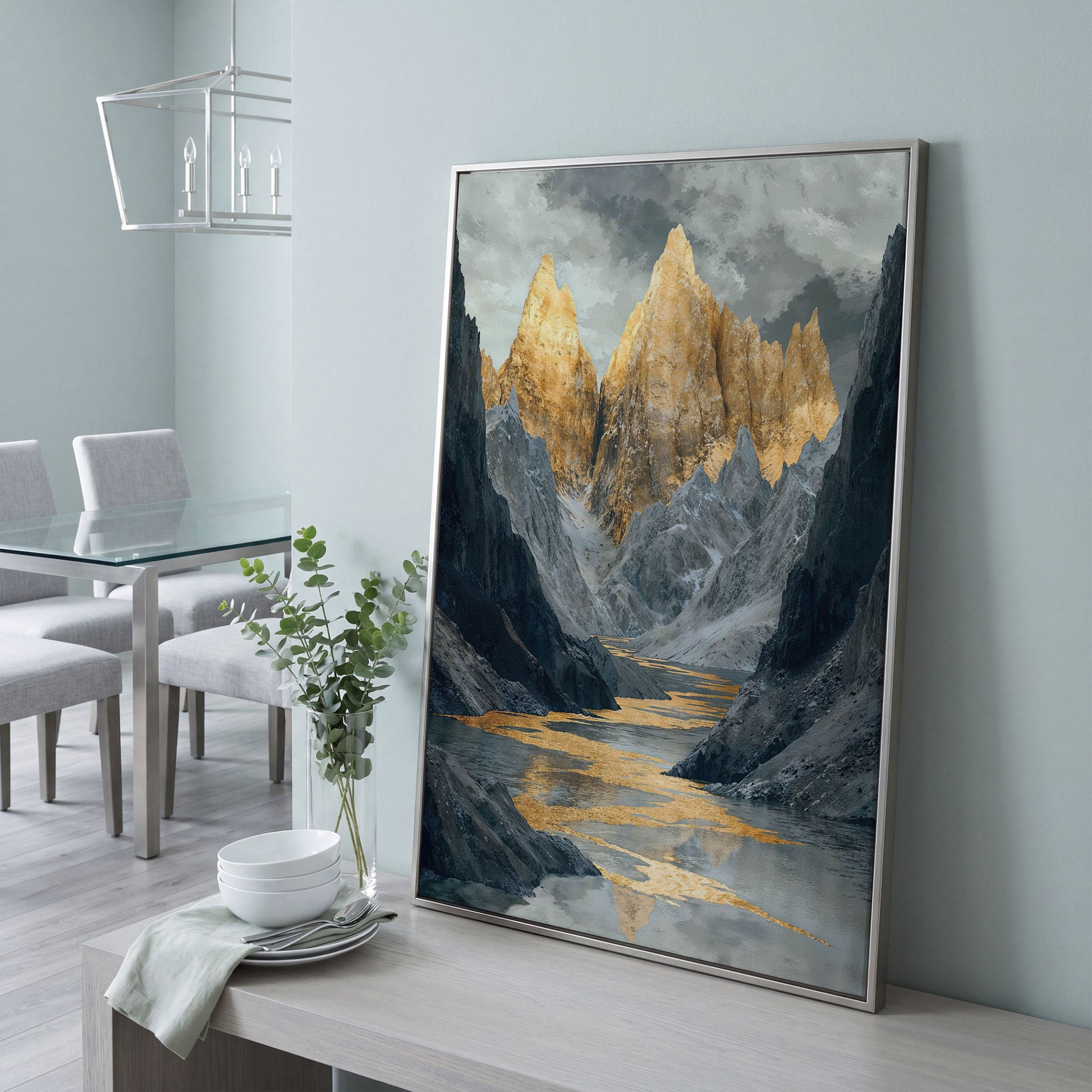 Gray and Gold Mountain Peaks Canvas in silver floating frame