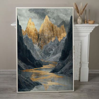 Gray and Gold Mountain Peaks Canvas in white floating frame