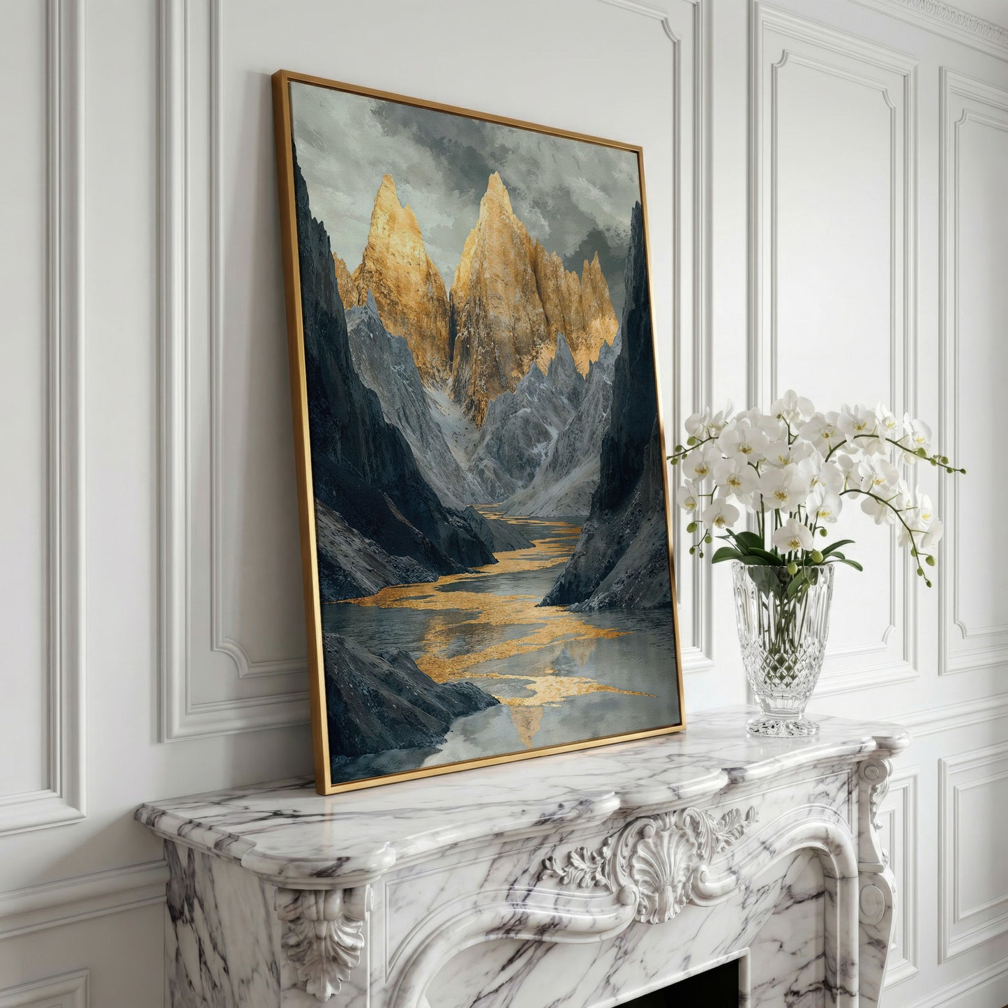 Gray and Gold Mountain Peaks Canvas in yellow gold floating frame