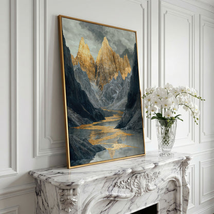 Gray and Gold Mountain Peaks Canvas in yellow gold floating frame