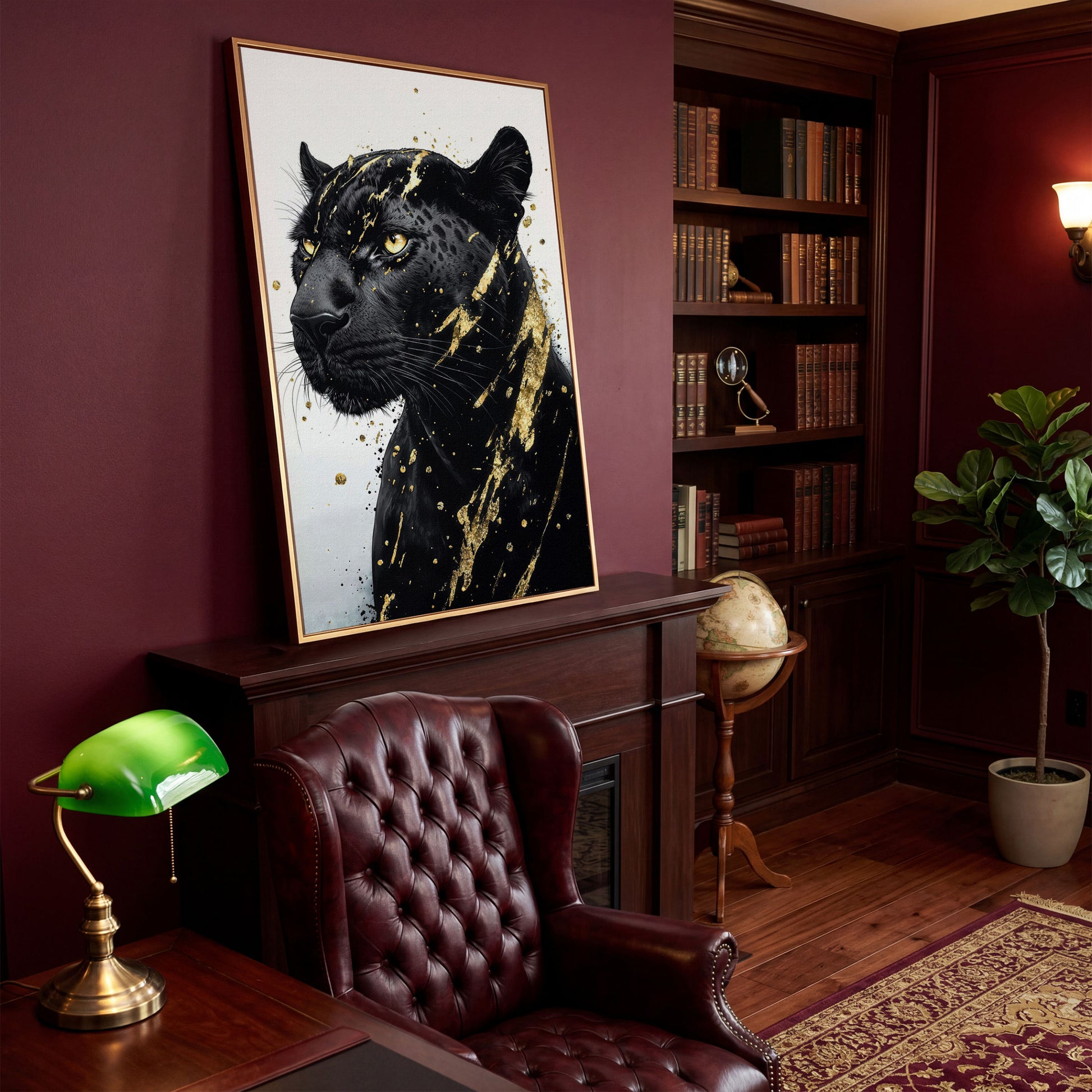 Black Panther with Gold Accent Canvas Print in antique gold floating frame