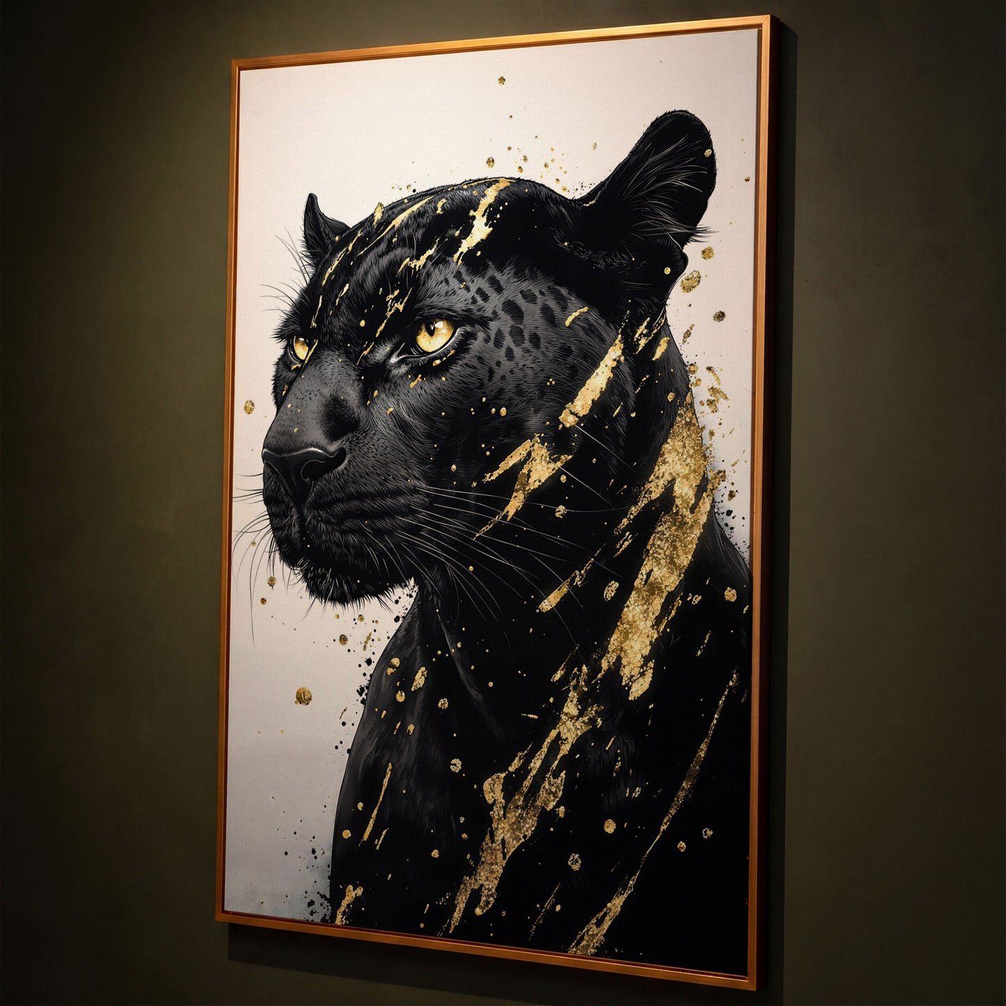 Black Panther with Gold Accent Canvas Print shown in antique gold floating frame
