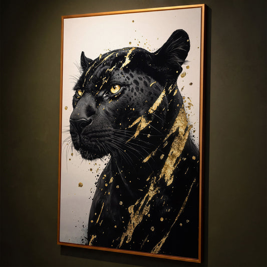Black Panther with Gold Accent Canvas Print shown in antique gold floating frame