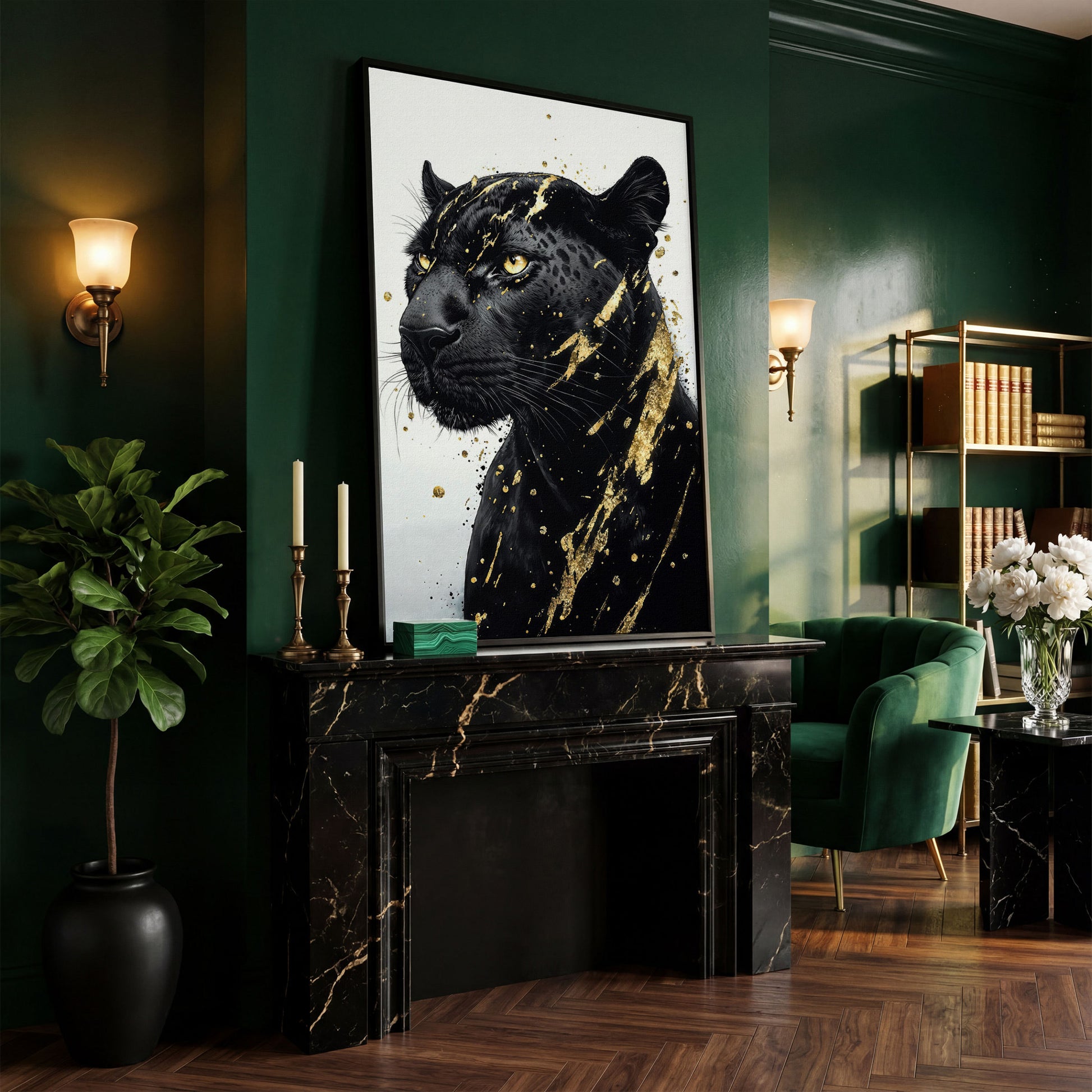 Black Panther with Gold Accent Canvas Print in black floating frame