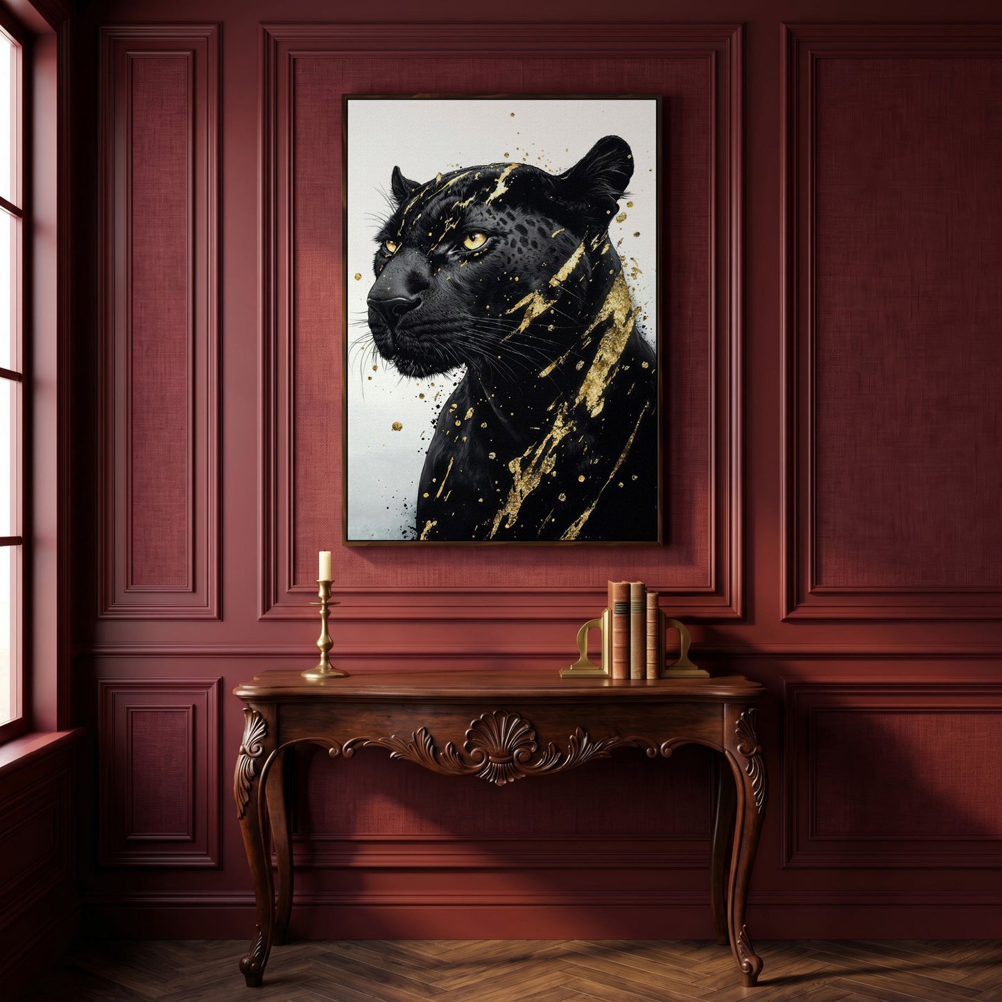Black Panther with Gold Accent Canvas Print in dark walnut floating frame