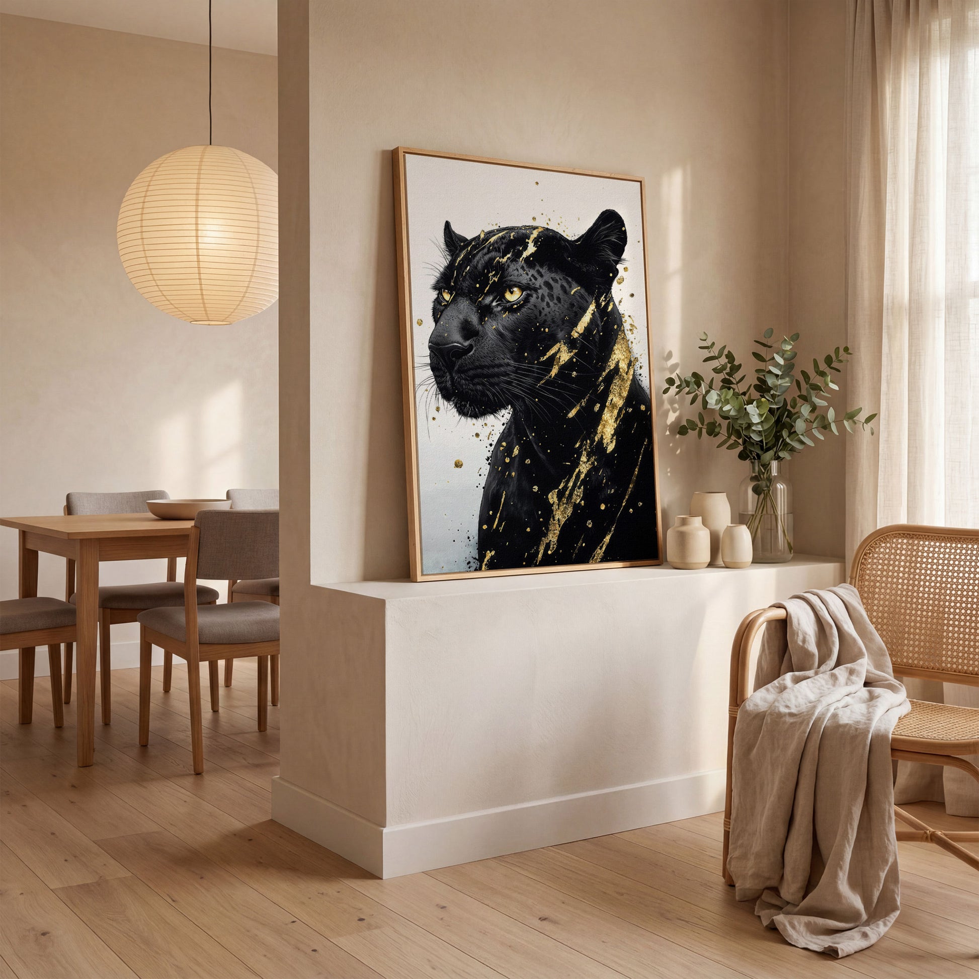 Black Panther with Gold Accent Canvas Print in white oak floating frame