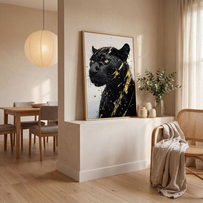Black Panther with Gold Accent Canvas Print in white oak floating frame