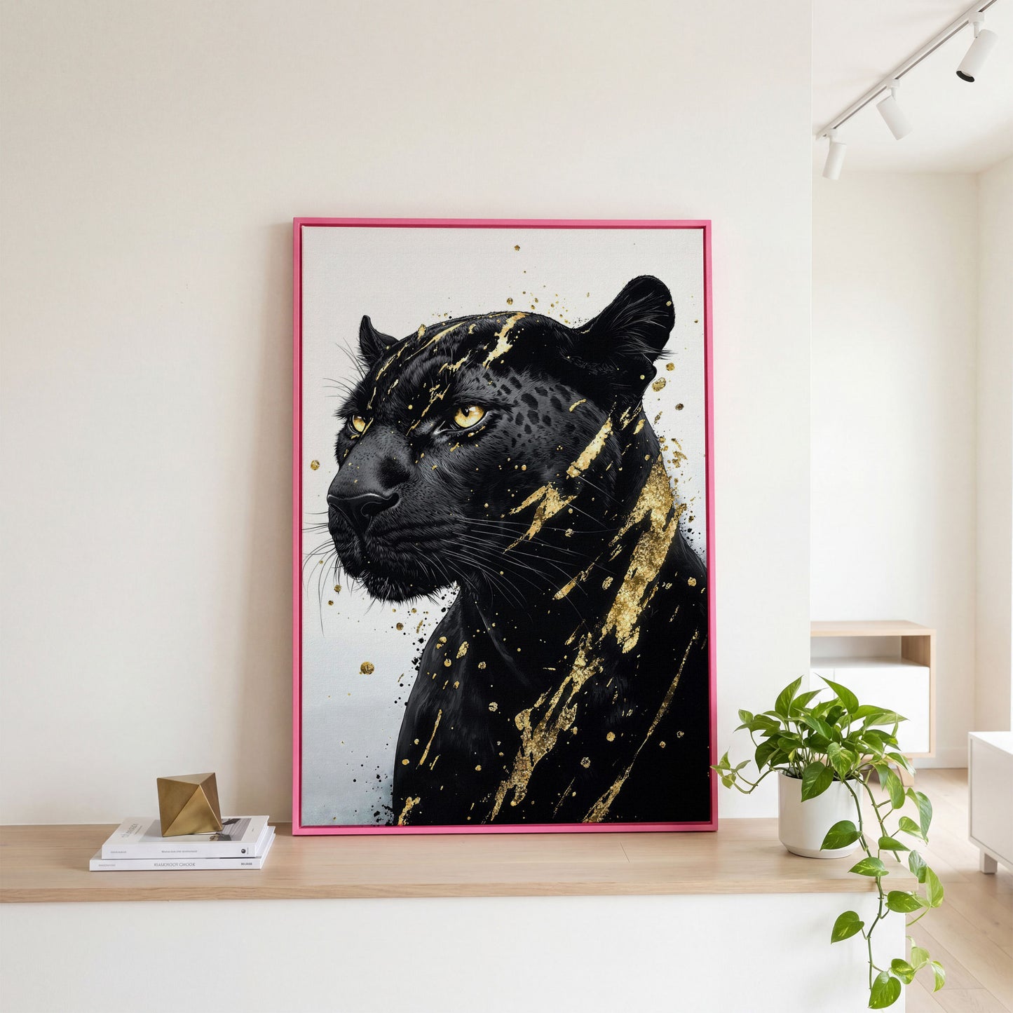 Black Panther with Gold Accent Canvas Print in pink floating frame