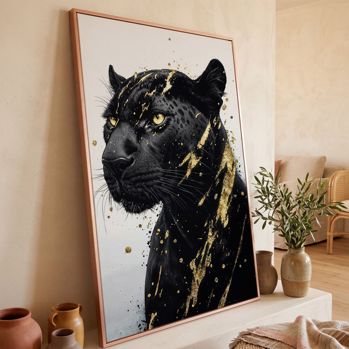 Black Panther with Gold Accent Canvas Print in rose gold floating frame