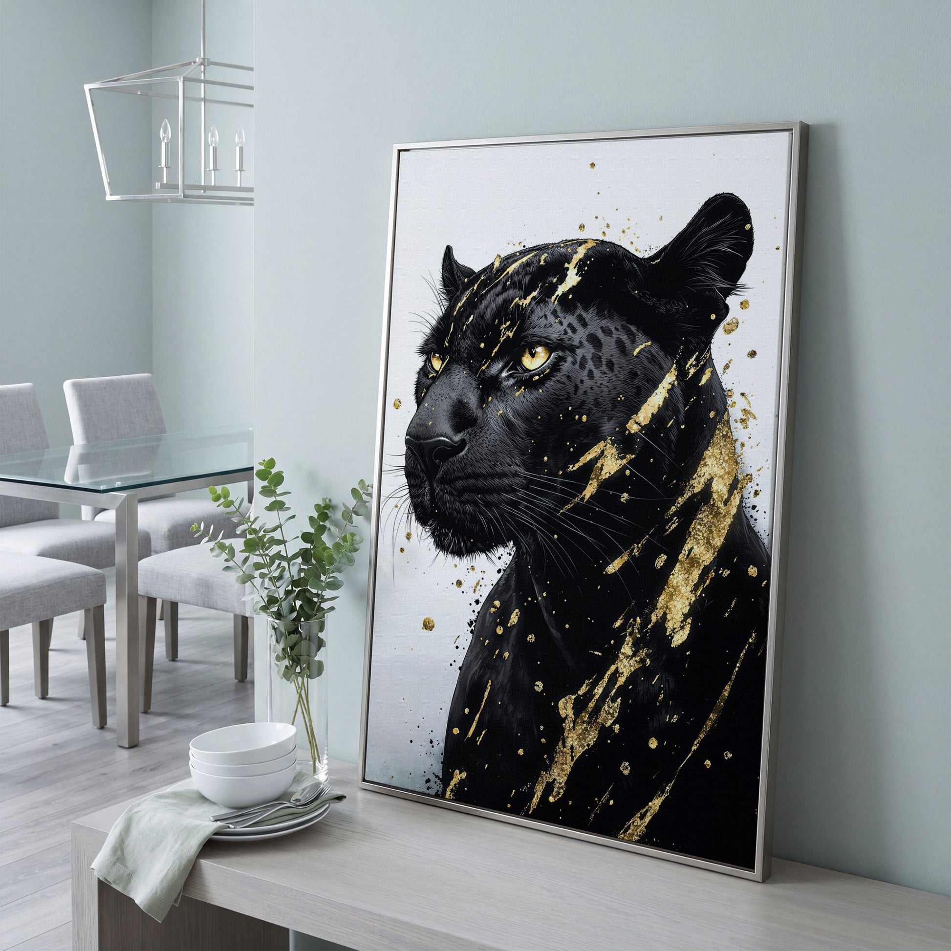Black Panther with Gold Accent Canvas Print in silver floating frame