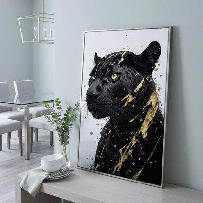 Black Panther with Gold Accent Canvas Print in silver floating frame
