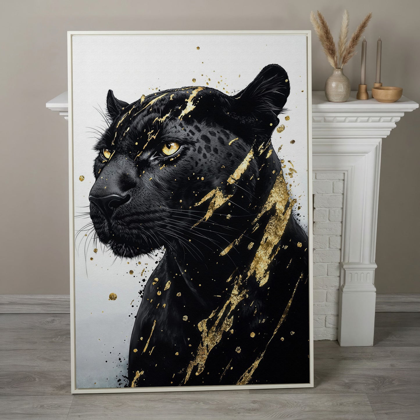 Black Panther with Gold Accent Canvas Print in white floating frame