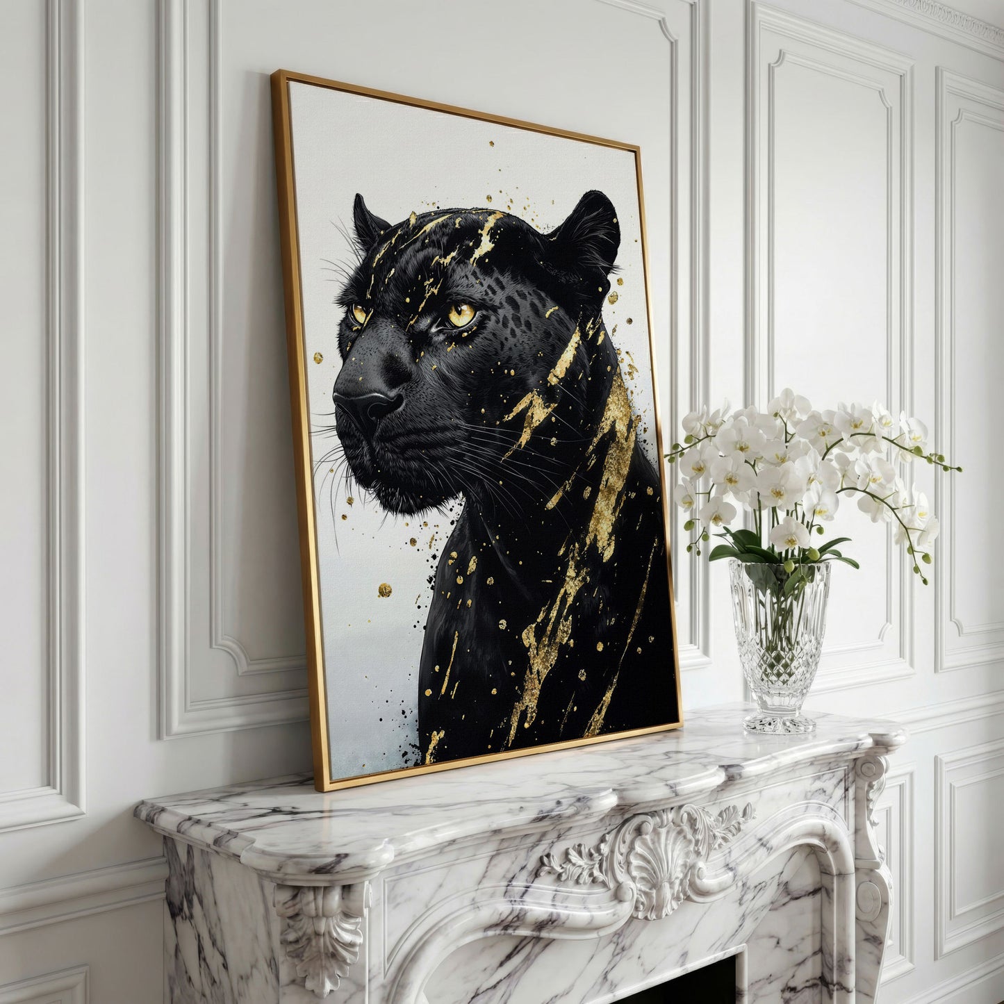 Black Panther with Gold Accent Canvas Print in yellow gold floating frame