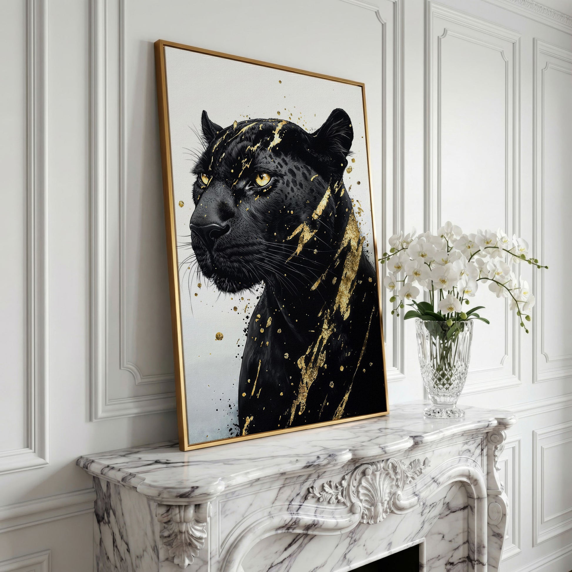 Black Panther with Gold Accent Canvas Print in yellow gold floating frame