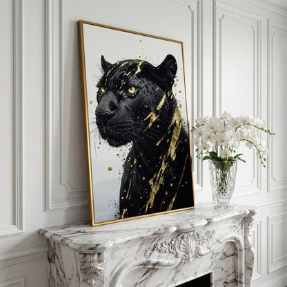 Black Panther with Gold Accent Canvas Print in yellow gold floating frame