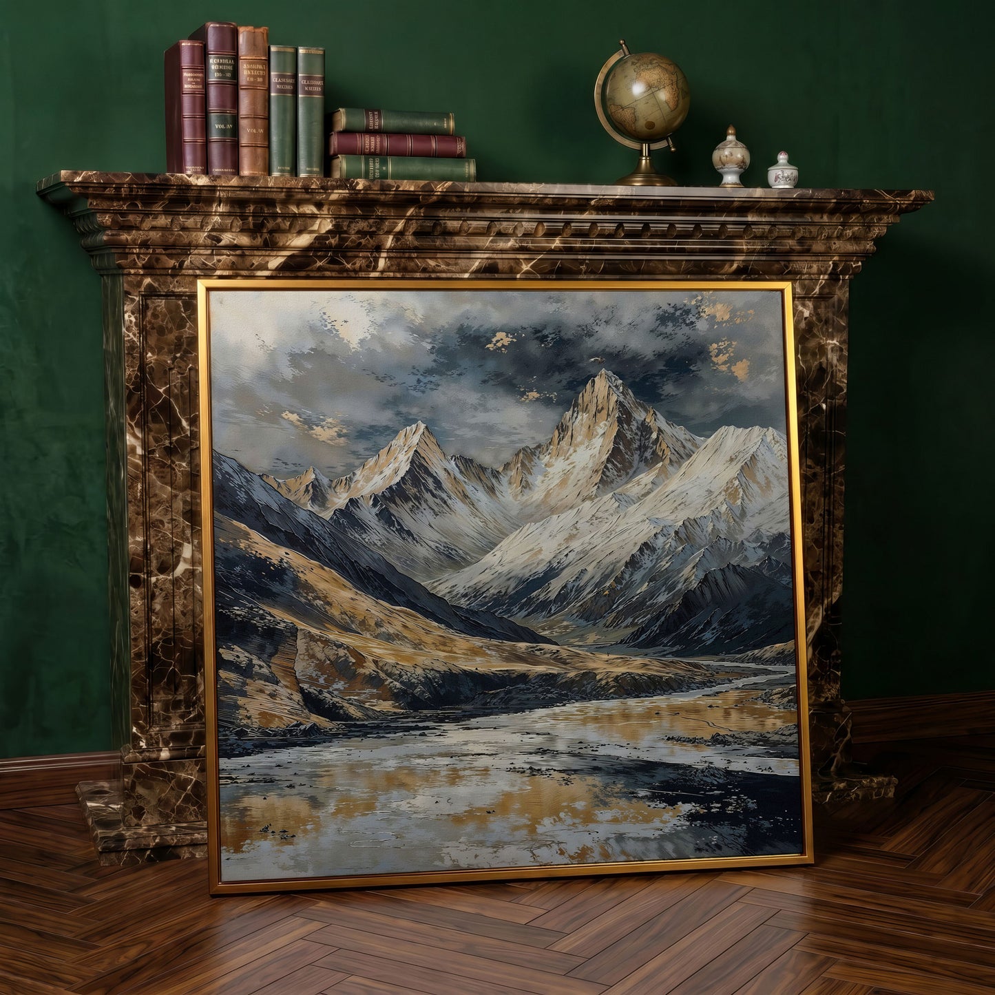 Snowy Mountains Canvas with Golden Peaks in antique gold floating frame