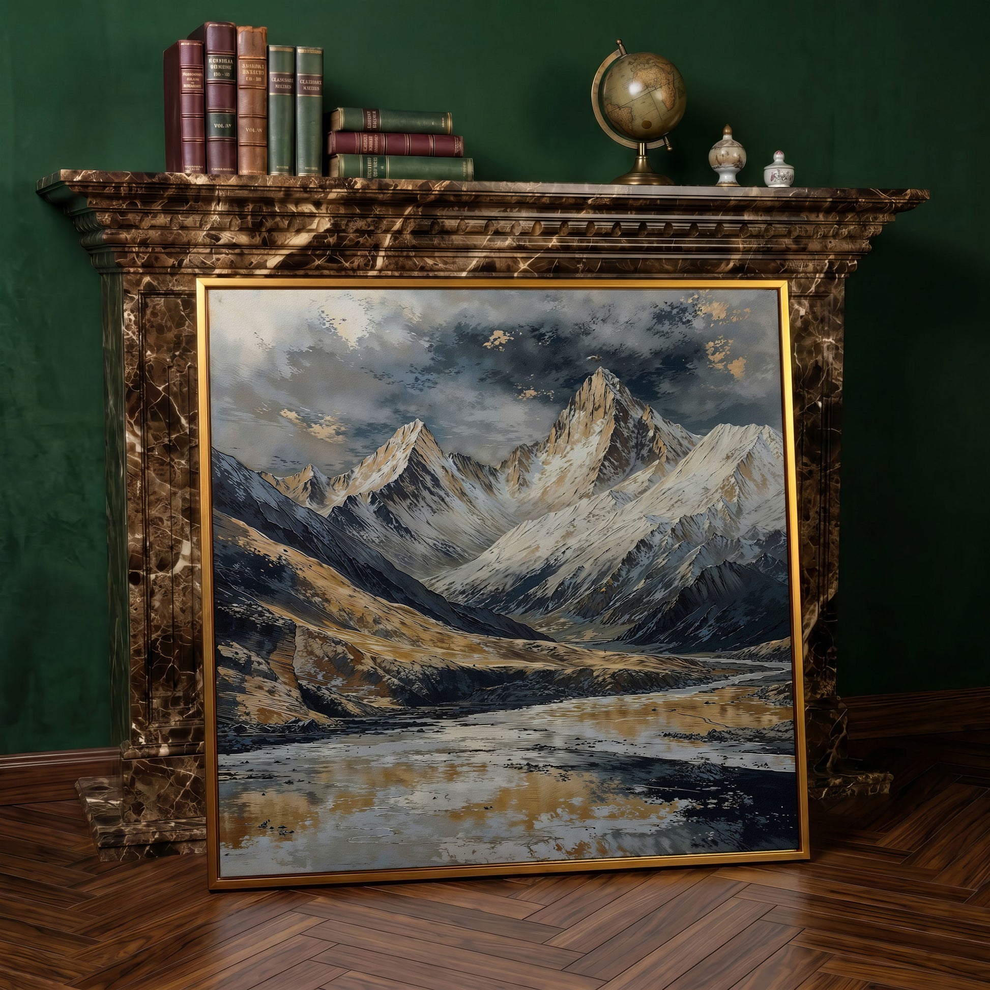 Snowy Mountains Canvas with Golden Peaks in antique gold floating frame