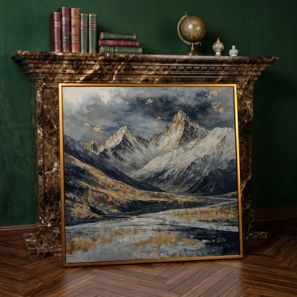 Snowy Mountains Canvas with Golden Peaks in antique gold floating frame