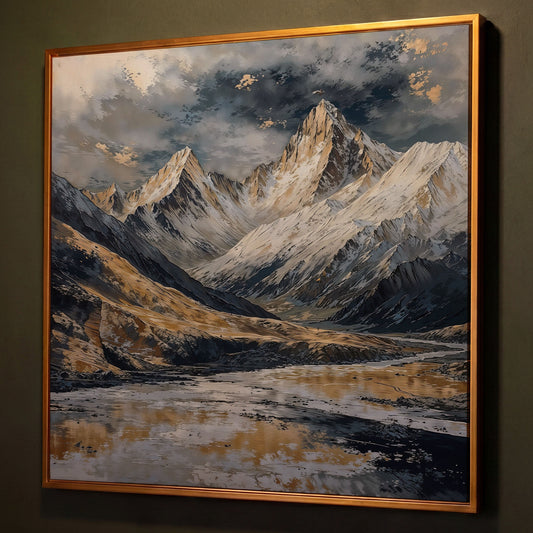Snowy Mountains Canvas with Golden Peaks shown in antique gold floating frame