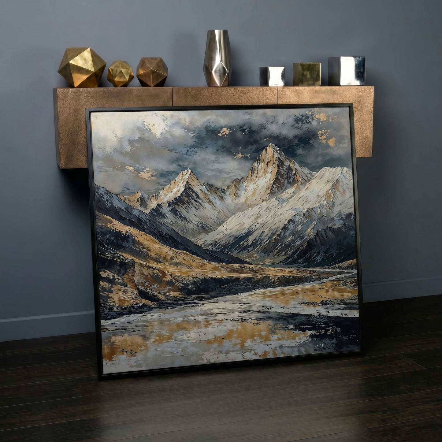 Snowy Mountains Canvas with Golden Peaks in black floating frame