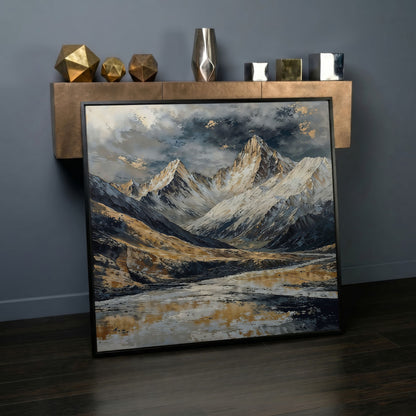 Snowy Mountains Canvas with Golden Peaks in black floating frame