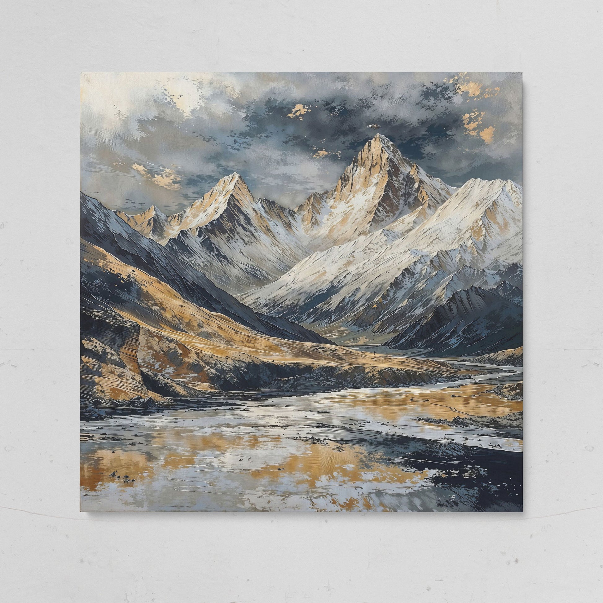 Snowy Mountains Canvas with Golden Peaks on gallery wrap