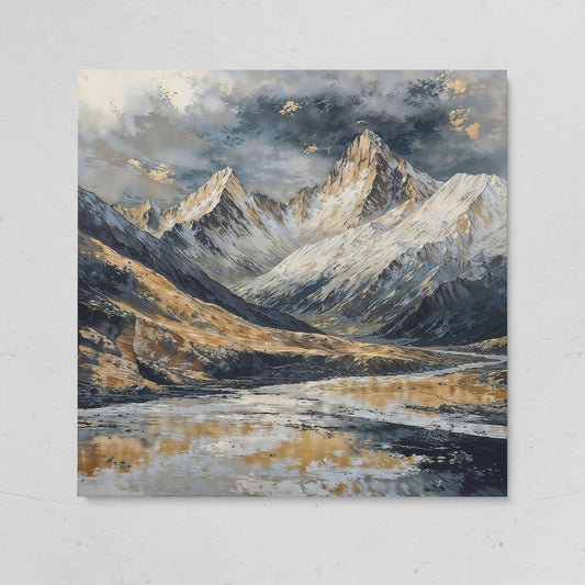 Snowy Mountains Canvas with Golden Peaks on gallery wrap
