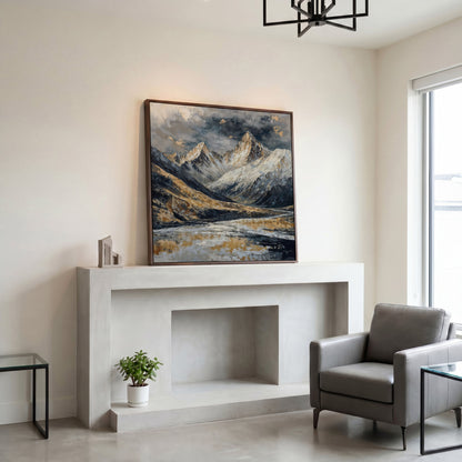 Snowy Mountains Canvas with Golden Peaks in dark walnut floating frame