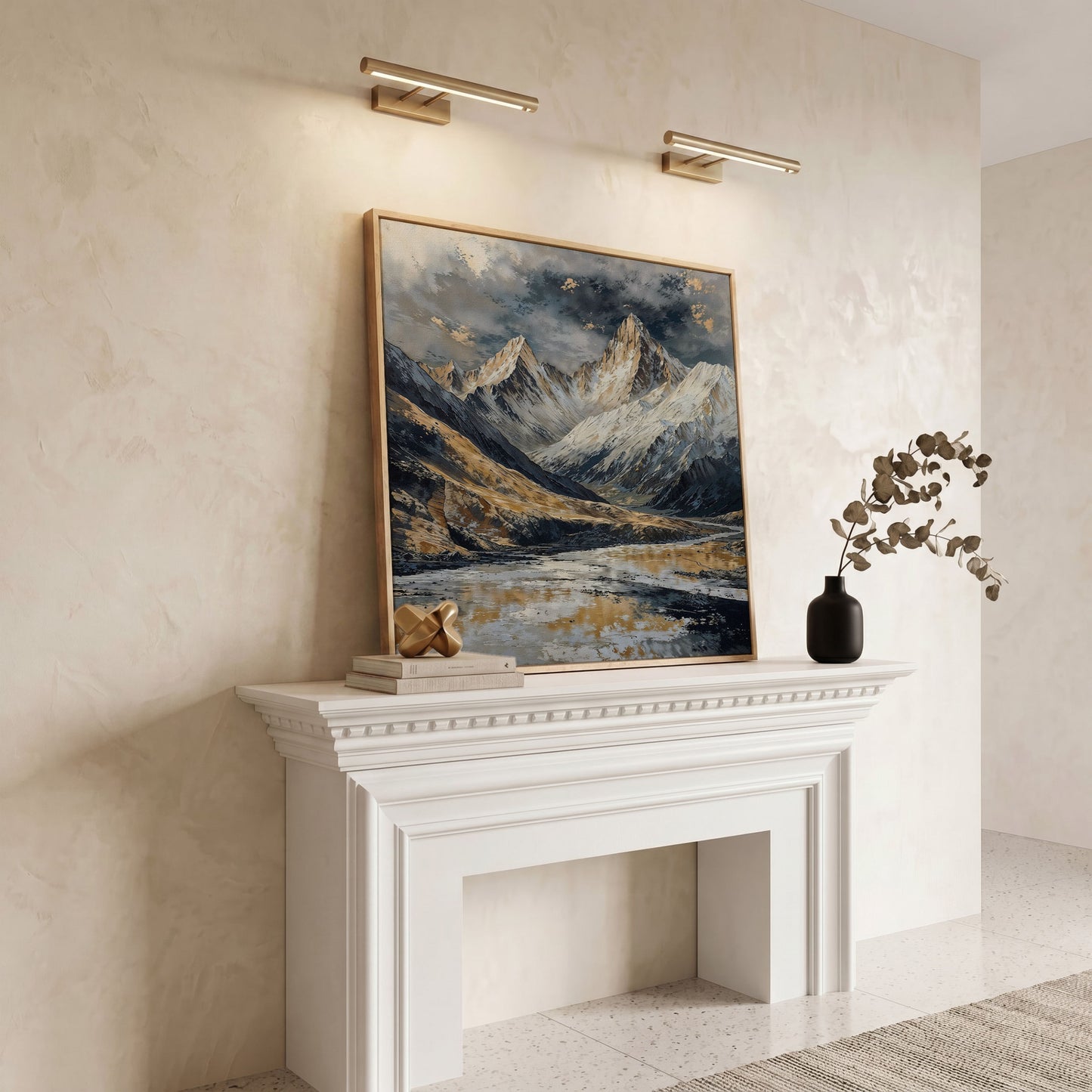 Snowy Mountains Canvas with Golden Peaks in white oak floating frame