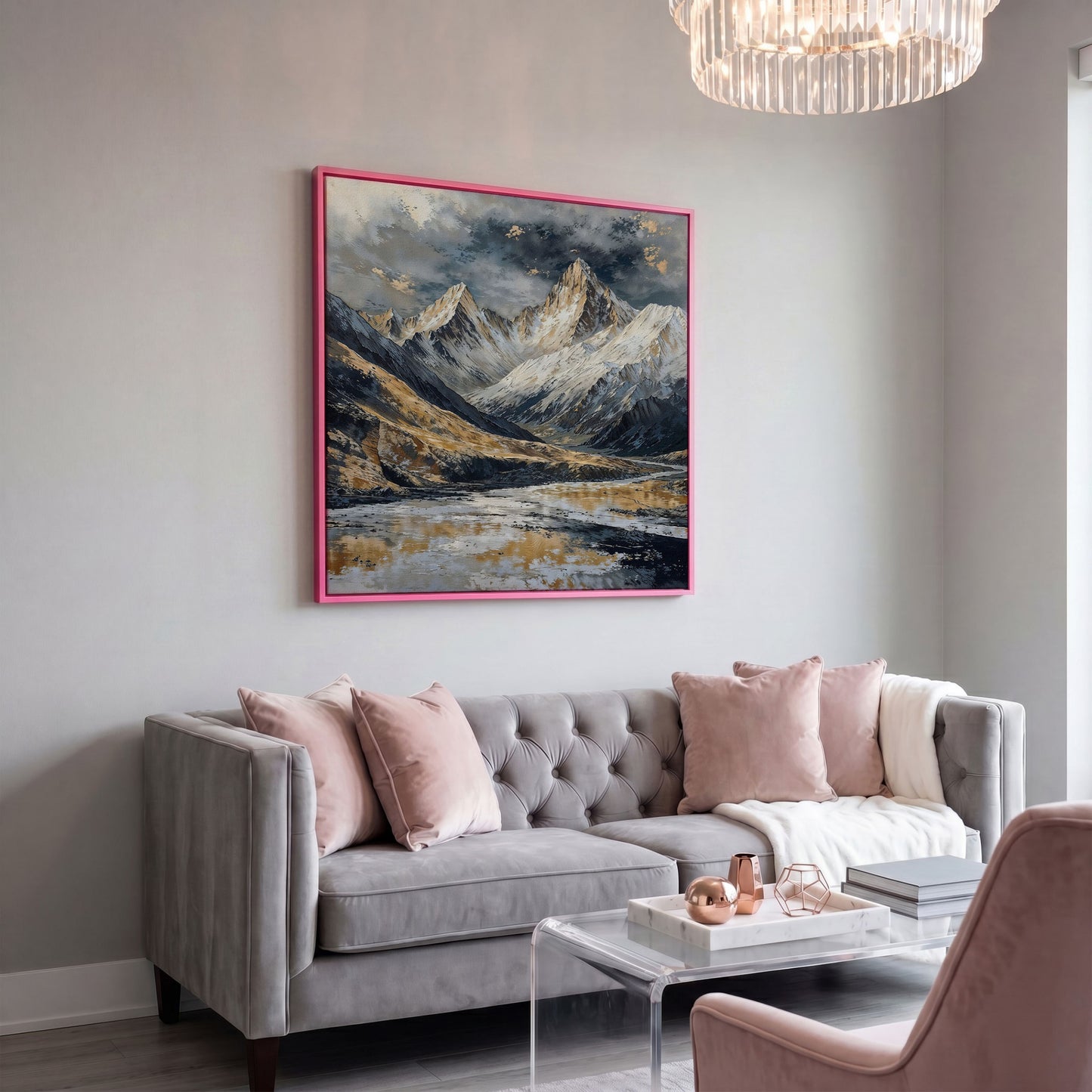 Snowy Mountains Canvas with Golden Peaks in pink floating frame