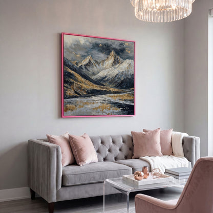 Snowy Mountains Canvas with Golden Peaks in pink floating frame