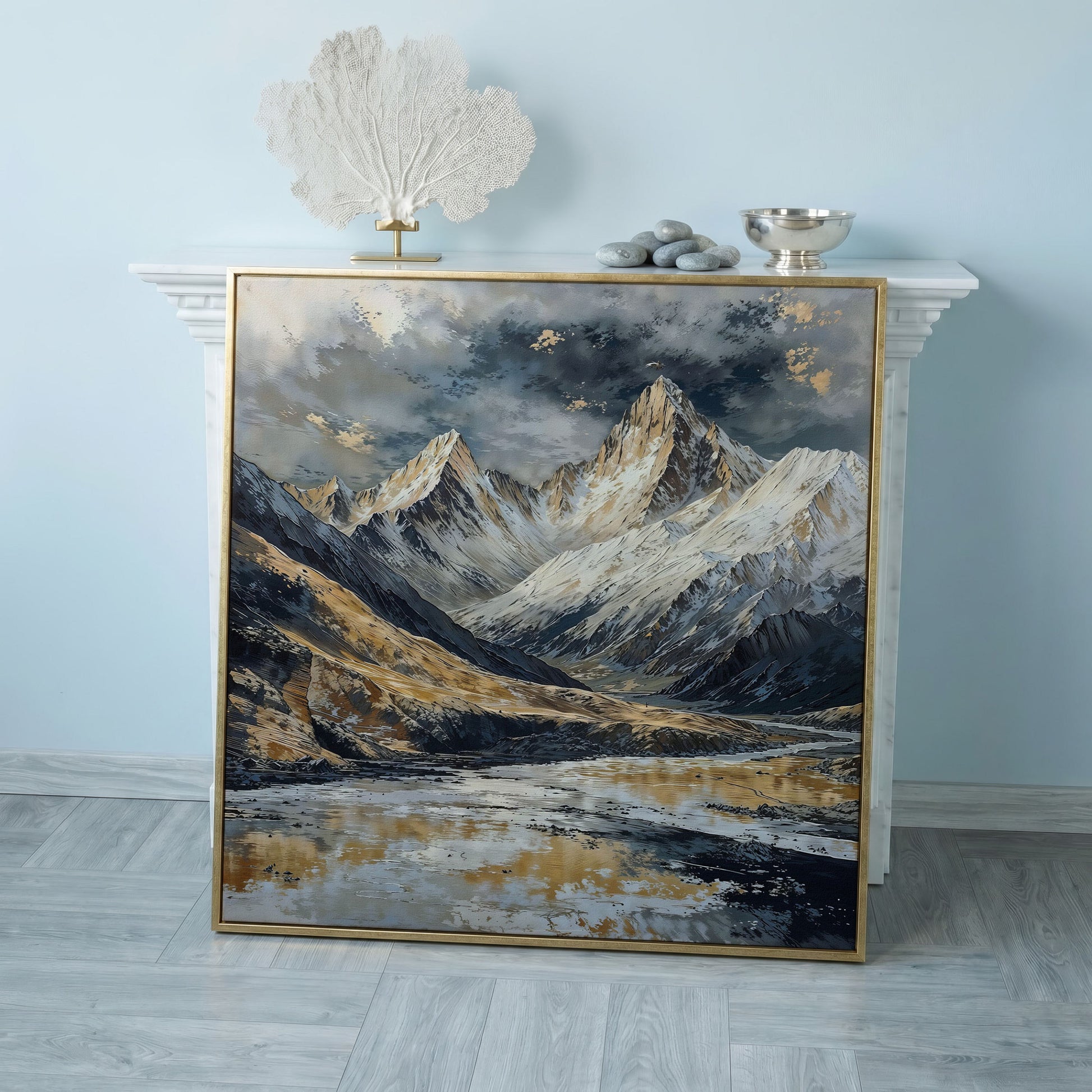 Snowy Mountains Canvas with Golden Peaks in rose gold floating frame