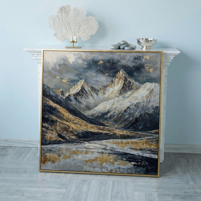 Snowy Mountains Canvas with Golden Peaks in rose gold floating frame