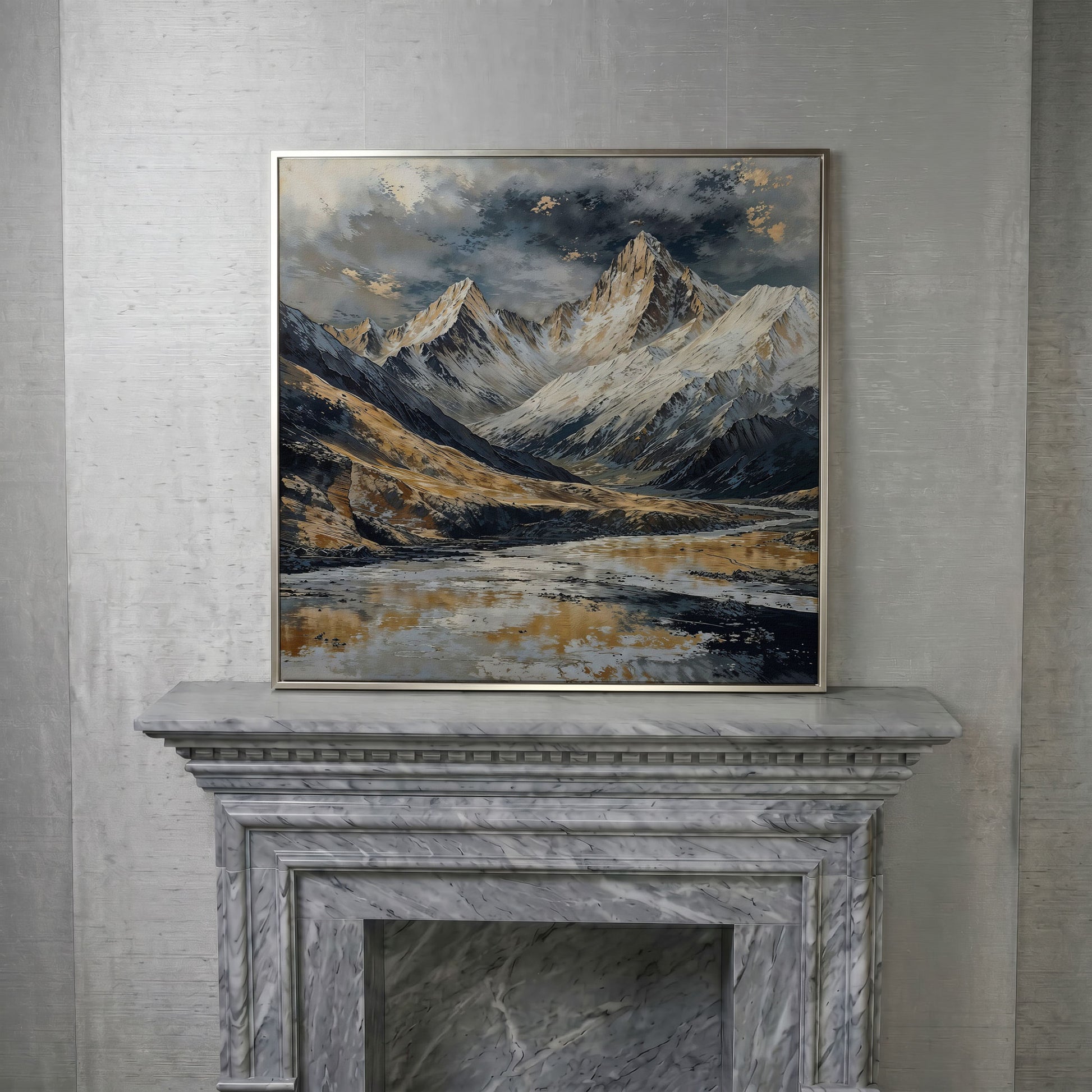 Snowy Mountains Canvas with Golden Peaks in silver floating frame