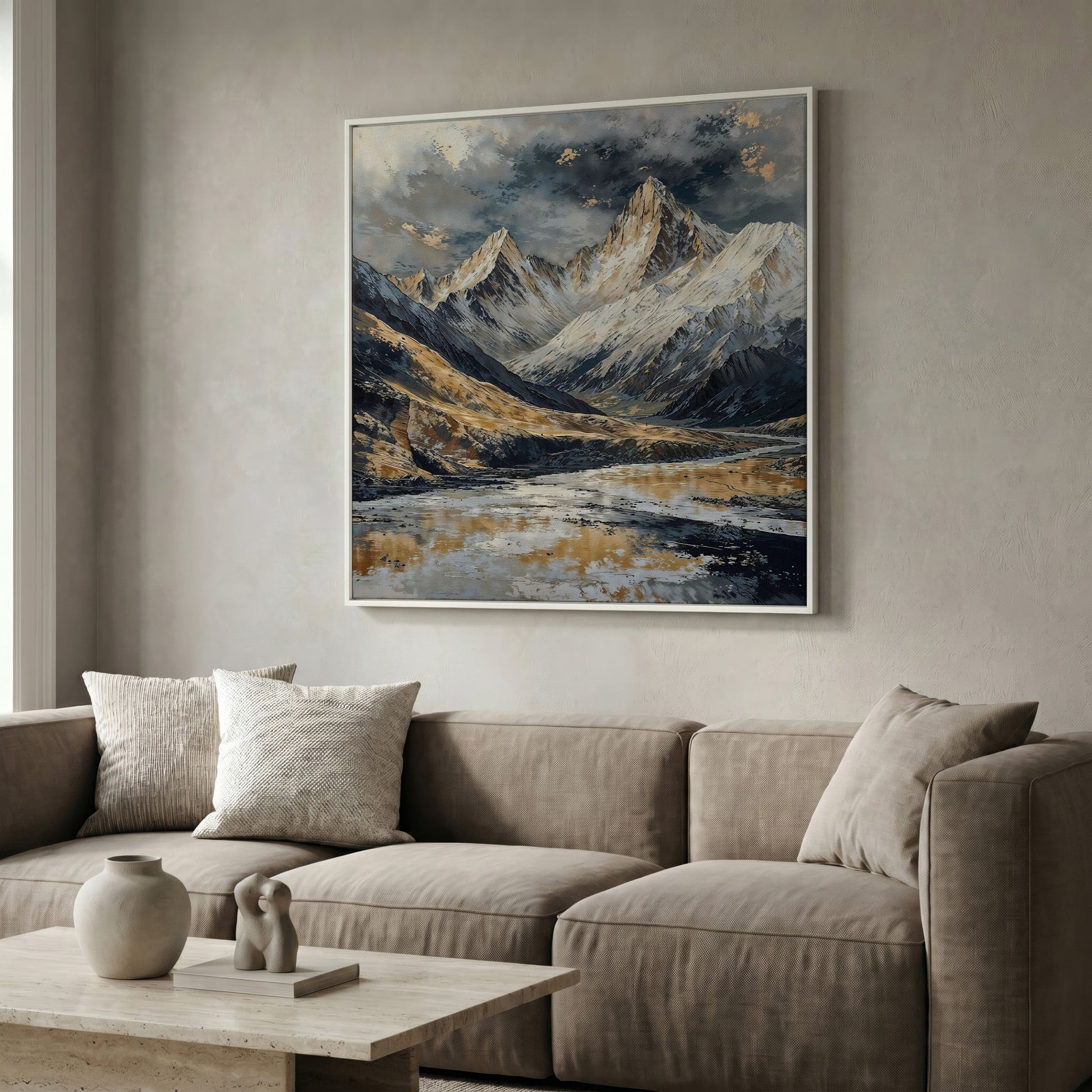 Snowy Mountains Canvas with Golden Peaks in white floating frame