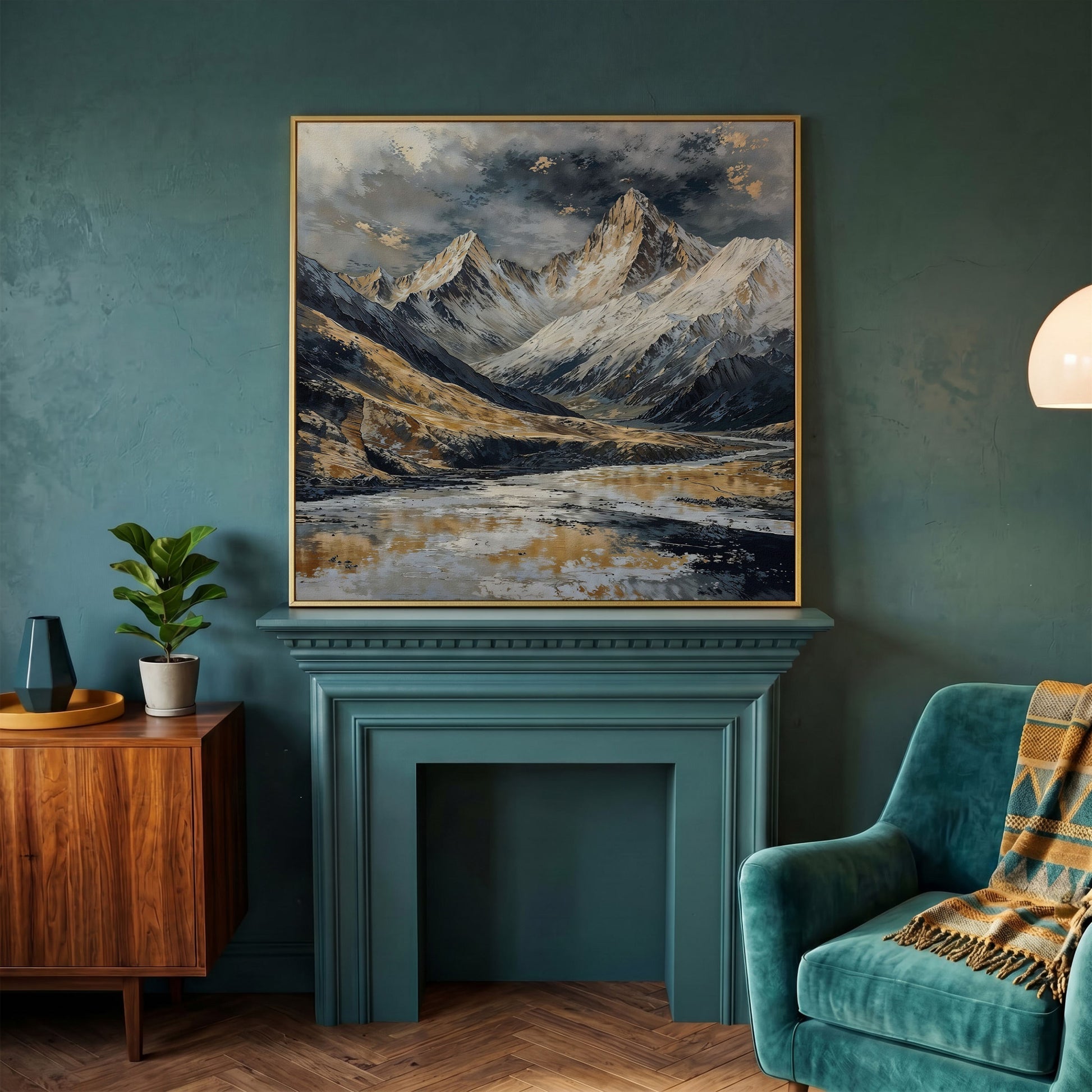 Snowy Mountains Canvas with Golden Peaks in yellow gold floating frame