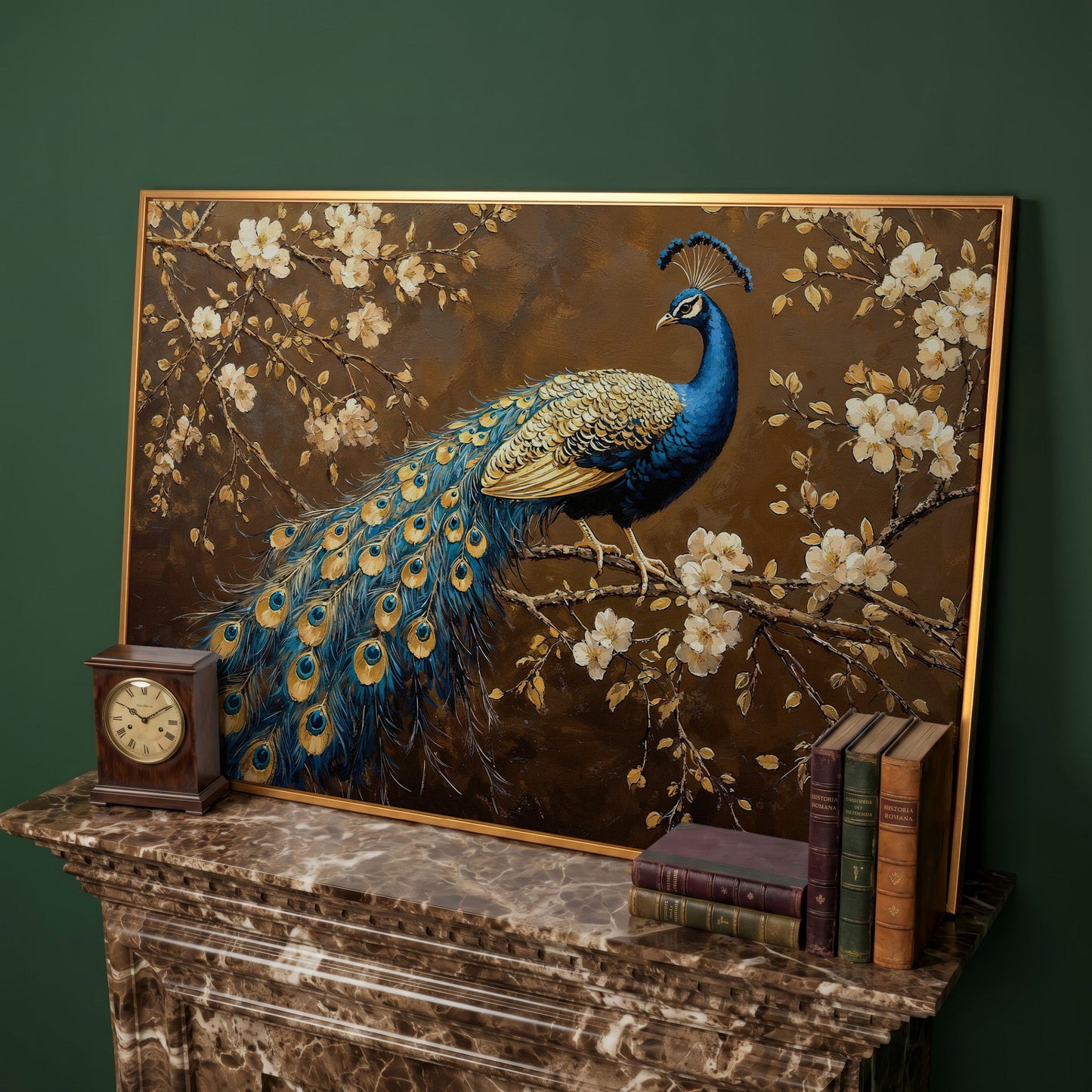 Peacock on Cherry Blossom Branch Canvas in antique gold floating frame