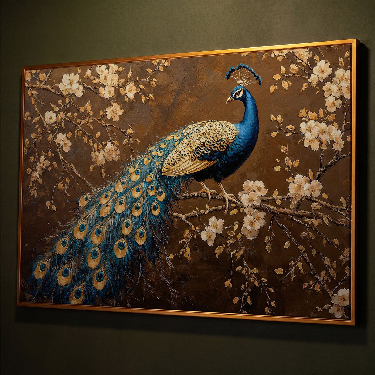 Peacock on Cherry Blossom Branch Canvas shown in antique gold floating frame