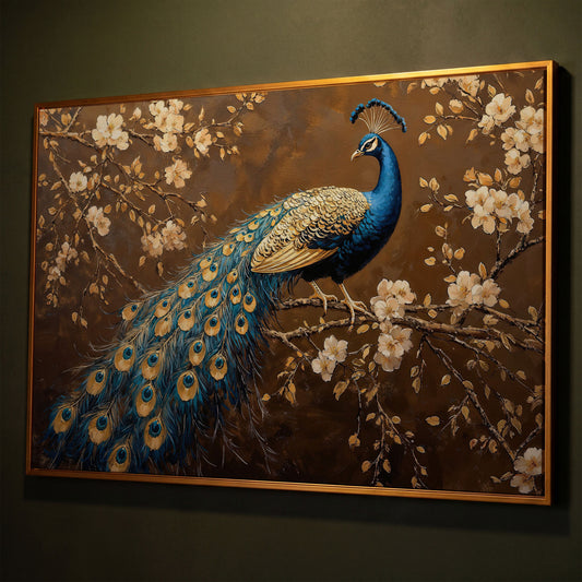 Peacock on Cherry Blossom Branch Canvas shown in antique gold floating frame