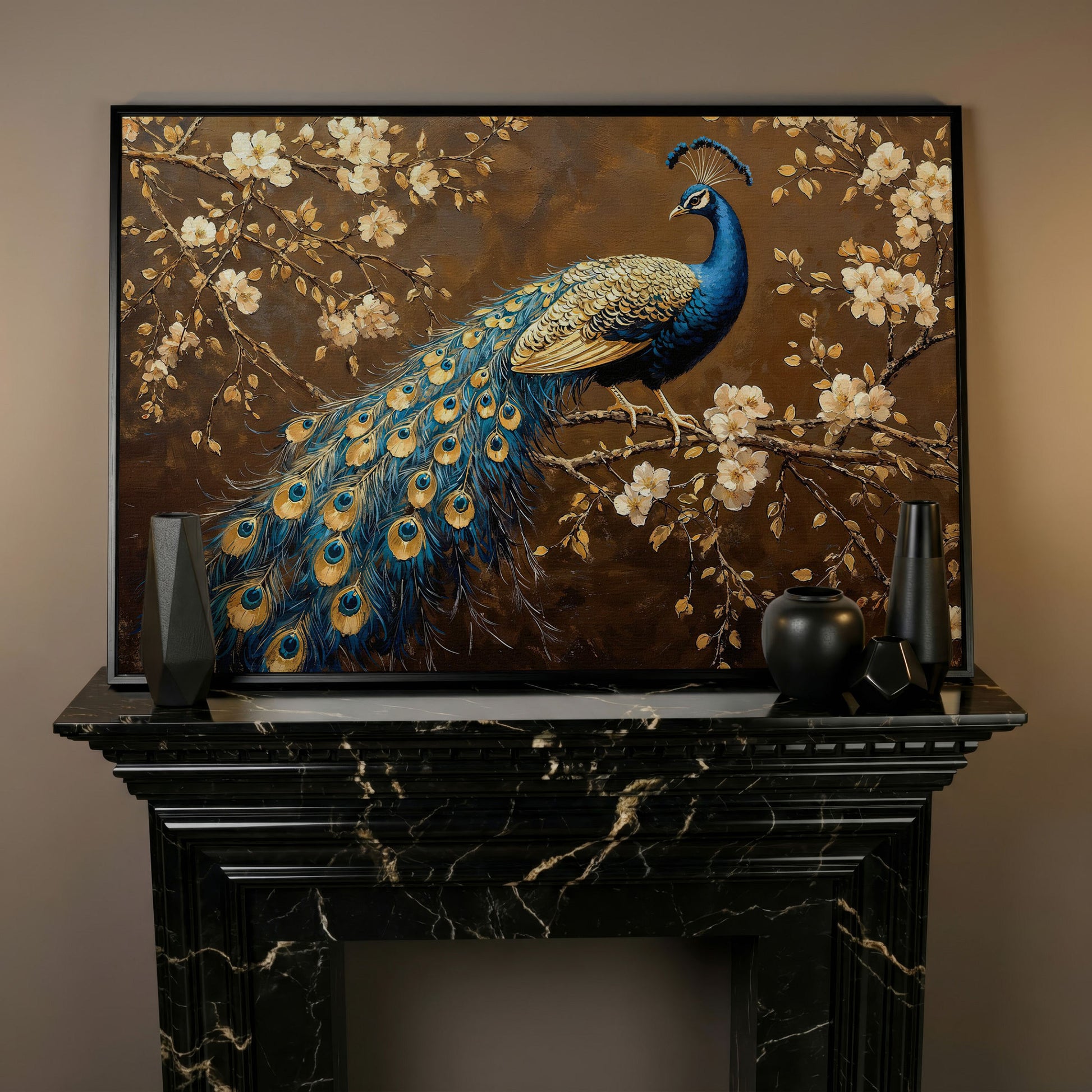Peacock on Cherry Blossom Branch Canvas in black floating frame