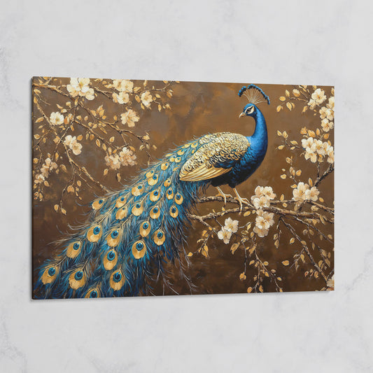Peacock on Cherry Blossom Branch Canvas on gallery wrap