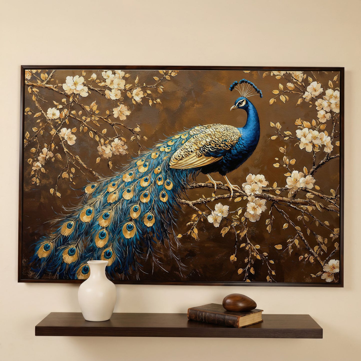 Peacock on Cherry Blossom Branch Canvas in dark walnut floating frame