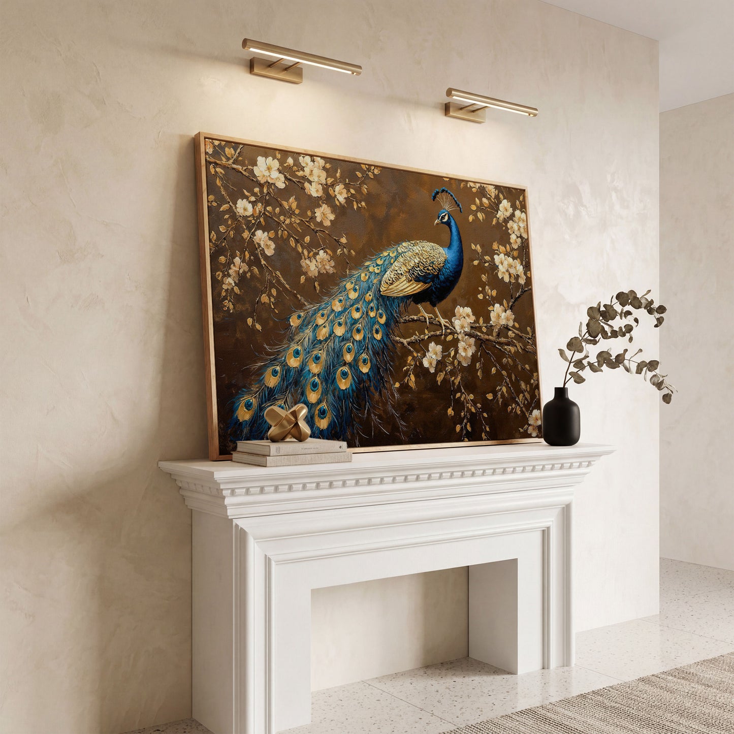 Peacock on Cherry Blossom Branch Canvas in white oak floating frame