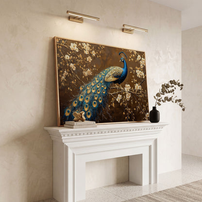 Peacock on Cherry Blossom Branch Canvas in white oak floating frame