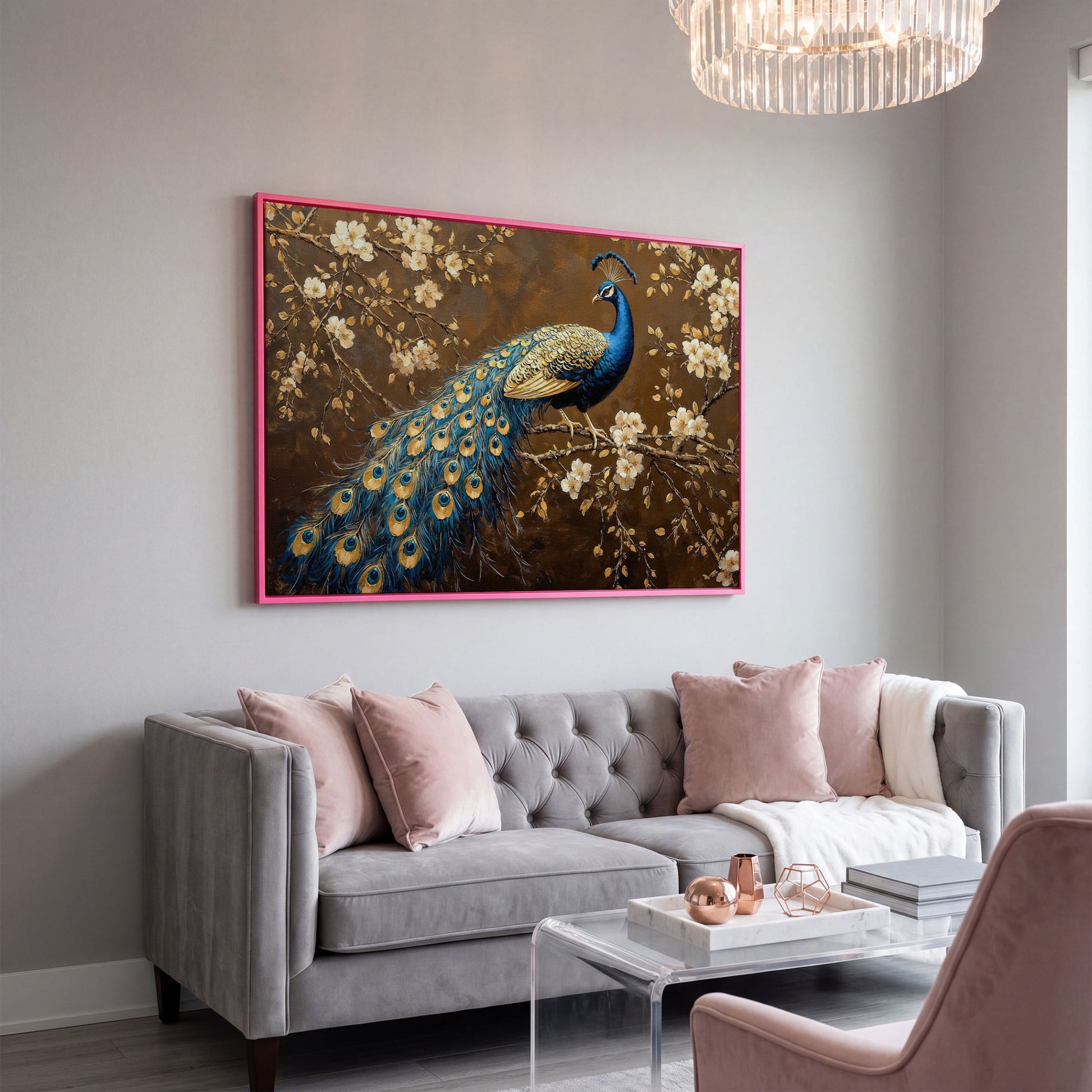 Peacock on Cherry Blossom Branch Canvas in pink floating frame