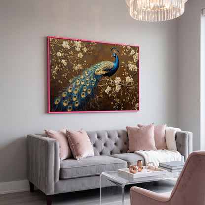 Peacock on Cherry Blossom Branch Canvas in pink floating frame